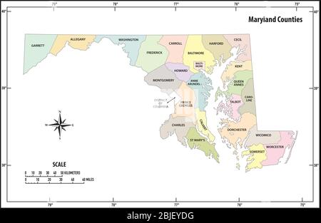 L'état du Maryland présente en couleur la carte des vecteurs administratifs et politiques Illustration de Vecteur