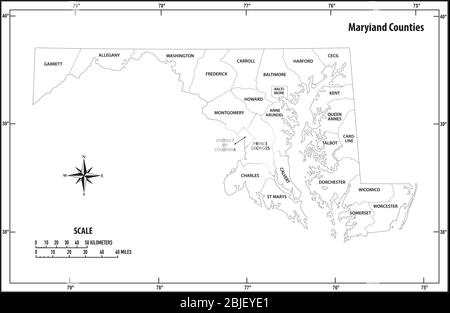 L'état du Maryland présente la carte des vecteurs administratifs et politiques en noir et blanc Illustration de Vecteur