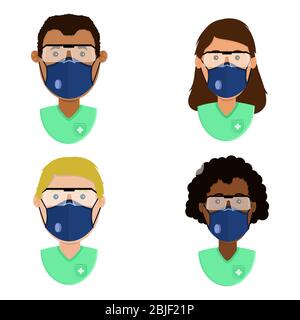 Ensemble de professionnels de la santé avec masque chirurgical n 95 et lunettes de sécurité médicale pour la protection. Diversité ethnique des personnages. Illustration de Vecteur