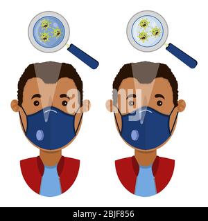 Homme africain portant deux types de masques (masque chirurgical et masque respiratoire N 95) contaminés par un virus de dessin animé en colère. Illustration de Vecteur