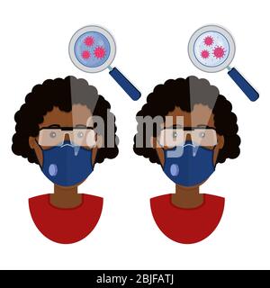 Femme africaine portant deux types de masques (masque chirurgical et masque respiratoire N 95) contaminés par le virus. Illustration de Vecteur