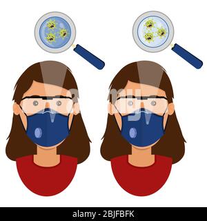 Femme blanche portant deux types de masques (masque chirurgical et masque respiratoire N 95) contaminés par un virus de dessin animé en colère. Illustration de Vecteur