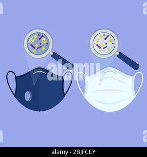Deux types de masques médicaux : masque chirurgical et masque respiratoire N 95. Microbes, bactéries et germes contaminants les masques et être agrandis par le magn Illustration de Vecteur