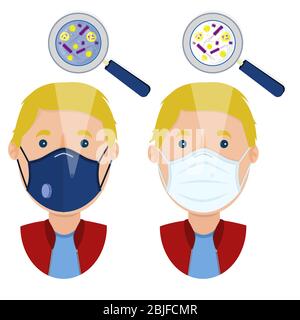 Homme blanc portant deux types de masques (masque chirurgical et masque respiratoire N 95) contaminés par un micro-organisme. Illustration de Vecteur