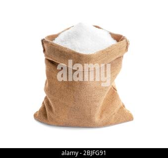 Sucre dans un sac de tissu en toile de fond blanc Banque D'Images