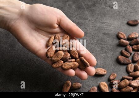 Main femelle tenant les fèves de cacao aromatique sur fond gris Banque D'Images