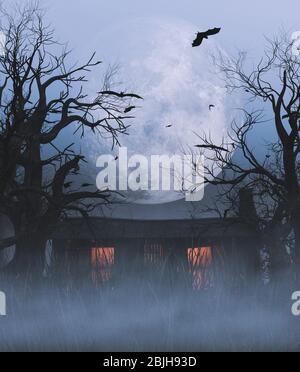 Maison hantée dans les bois, rendu tridimensionnel Banque D'Images