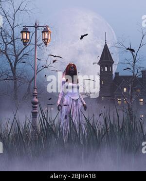 Mariée fantôme dans la nuit halHalloween, illustration tridimensionnelle Banque D'Images