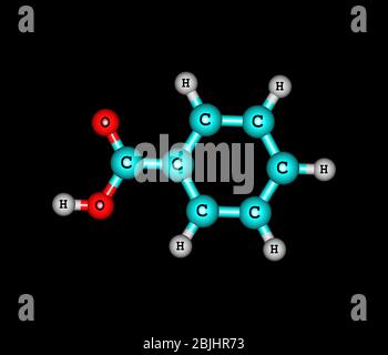 L'acide benzoïque (C7H6O2) est un solide cristallin incolore et un acide carboxylique aromatique simple Banque D'Images