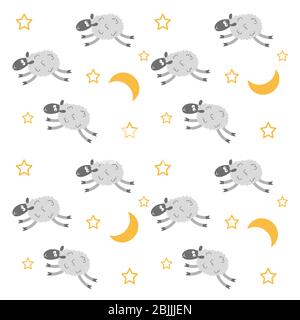 un ensemble de lune, étoiles et moutons gris, modèle ou modèle sans couture, isolé sur des illustrations blanches Banque D'Images