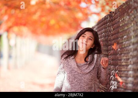 L'adolescent ou la jeune femme biracial s'est penchée contre la clôture du chaînon sous une voûte de feuilles d'érable rouge, orange et jaune vif et un tapis de congé d'automne Banque D'Images