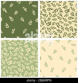 Lot de 4 motifs simples à effet vectoriel fleuri sans couture. Feuilles vertes et beiges sur fond clair. Superbes présentations de printemps reproductibles. Vert doux Illustration de Vecteur