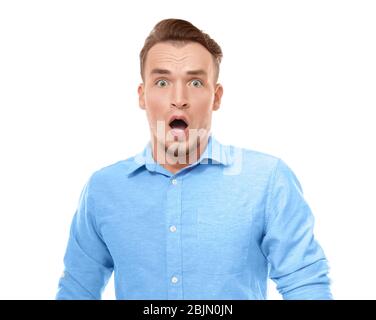 Portrait de l'homme émotionnel sur fond blanc Banque D'Images