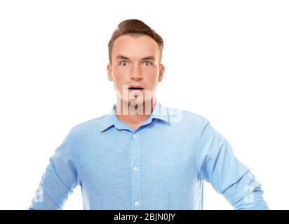 Portrait de l'homme émotionnel sur fond blanc Banque D'Images