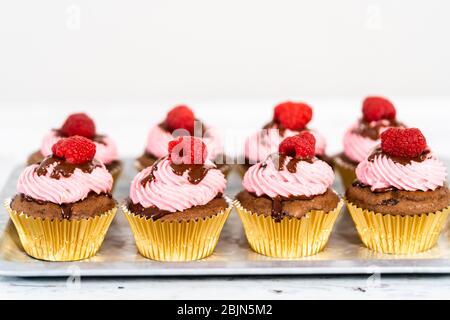 Des cupcakes au chocolat gourmets, arrosés de ganache au chocolat et recouverts d'une framboise fraîche. Banque D'Images