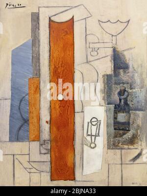 Guitare gaz-jet et bouteille, Guitare, bec à gaz, flacon, Pablo Picasso, 1913, Banque D'Images
