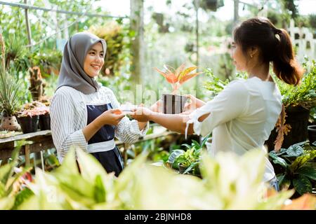 Portrait de jardinier et client sur l'achat de plantes dans le jardin Banque D'Images