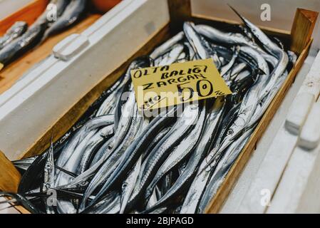 Istanbul Turquie poisson fraîchement pêché sur le comptoir Banque D'Images