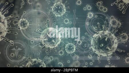 Illustration numérique de cellules macro Coronavirus Covid-19 flottant sur le traitement des données Banque D'Images