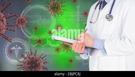 Illustration numérique d'un médecin sur macro Coronavirus cellules Covid-19 flottantes et traitement de données Banque D'Images