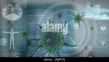 Illustration numérique de cellules macro Coronavirus Covid-19 flottant sur le traitement des données Banque D'Images