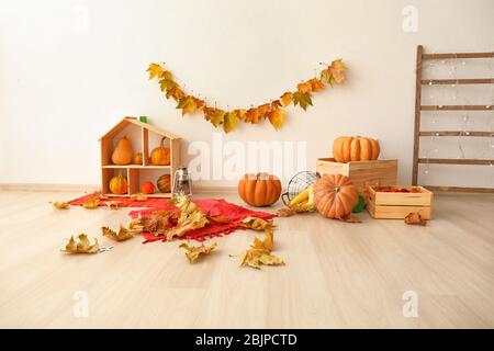 Composition avec citrouilles mûres et feuilles tombées à l'intérieur. Concept de Thanksgiving Day Banque D'Images