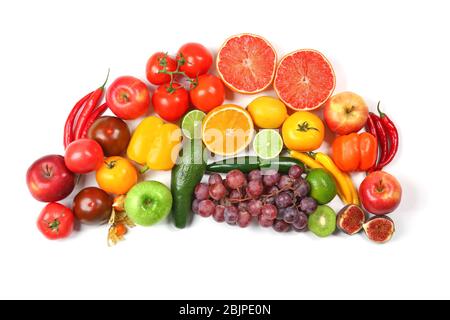 Beaucoup de fruits et légumes différents sur fond blanc Banque D'Images