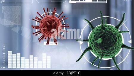 Illustration numérique de deux cellules macro Coronavirus Covid-19 flottantes avec balayage de portée sur les données Banque D'Images