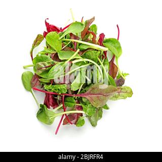 Mélange de différentes salades sur fond blanc Banque D'Images