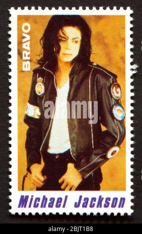 Michael Jackson sur un timbre-poste vintage par Bravo du début des années 1980 Banque D'Images