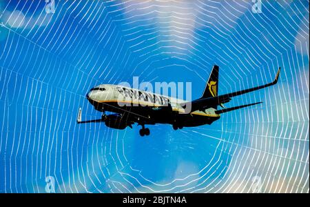 Ryanair avion, avion, avec Spiders web/toile d'araignée en premier plan. Économie britannique, industrie aérienne, affaires, industrie du voyage, Coronavirus... concept. Banque D'Images