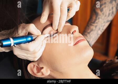 Artiste professionnel de tatouage appliquant le maquillage permanent sur le visage de la femme en salon Banque D'Images