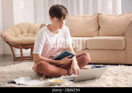 Un jeune garçon mignon utilisant un ordinateur portable lors de ses devoirs à l'intérieur Banque D'Images