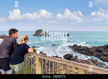 Couple à la colonie de phoques de la baie de Tauranga, au Cap Foulwind, près de Westport, côte ouest, île du Sud, Nouvelle-Zélande Banque D'Images