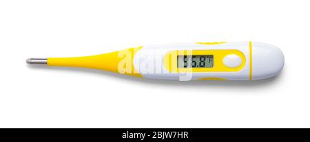 Thermomètre numérique jaune coupé en blanc. Banque D'Images