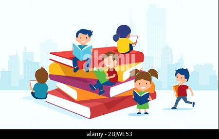 Vecteur d'un groupe d'enfants lisant, comme la littérature ayant le plaisir être entouré de piles de livres. Illustration de Vecteur