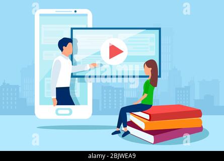 Vecteur de personnes étudiants utilisant la technologie moderne pour étudier en ligne Illustration de Vecteur