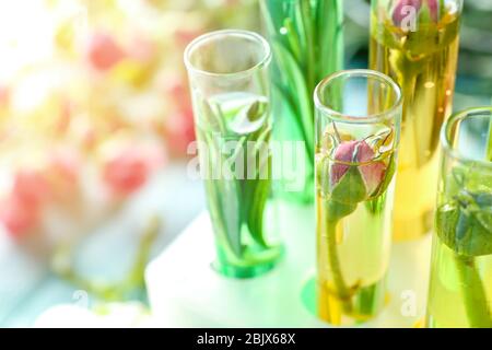 Tubes en verre avec différentes huiles de parfum dans le rack Banque D'Images