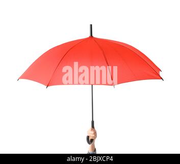 Femme tenant un parapluie rouge sur fond blanc Banque D'Images