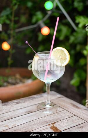 Tonique de gin pétillant avec citron et glace sur une table en bois dans le jardin, par une belle journée d'été. Banque D'Images