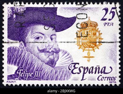 ESPAGNE - VERS 1979 : un timbre imprimé en Espagne montre Philippe III, roi d'Espagne, dynastie des Habsbourg, vers 1979 Banque D'Images