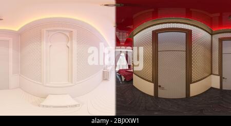 Illustration 3d 360 degrés sphérique et homogène de hall panorama chambre d'hôtel dans un style islamique traditionnelle. Belle chambre de luxe intérieur d'arrière-plan Banque D'Images