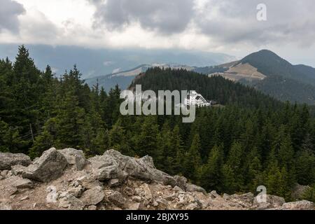 Montagnes de carpates et forêt de pins paysage nuageux campagne roumaine Banque D'Images