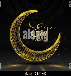 EID Mubarak Golden Black fond de conception voeux papier peint avec le croissant d'or brillant 3D Lune et fleurs Mandala éléments illustration. Banque D'Images