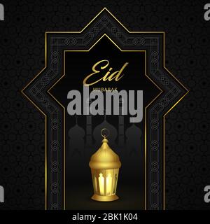 EID Mubarak Noir couleur fond d'écran de message d'accueil Design fond d'écran avec magnifique Masjid, porte Masjid, lampe de lanterne islamique dorée et motif arabe Banque D'Images