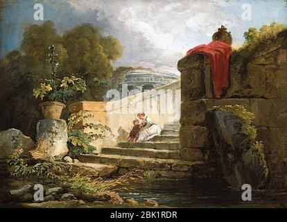 Hubert Robert - une scène dans le domaine de la Villa Farnese, Rome Banque D'Images