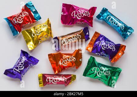 Chocolats Cadbury Roses répartis sur fond blanc - Cadburys Roses sélection une de chaque saveur de variété Banque D'Images