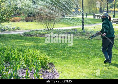 Fille arrosant des fleurs avec un système d'irrigation automatique équipement arrosage de jardin outil Banque D'Images