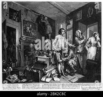 William Hogarth - le progrès D'UN Rake - plaque 1 - le jeune héritier prend possession des effets du Miser. Banque D'Images