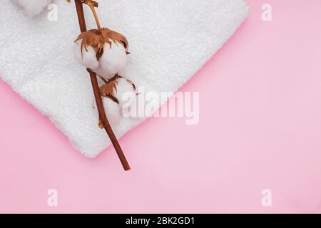 Serviettes blanches et branche de coton sur fond rose Banque D'Images
